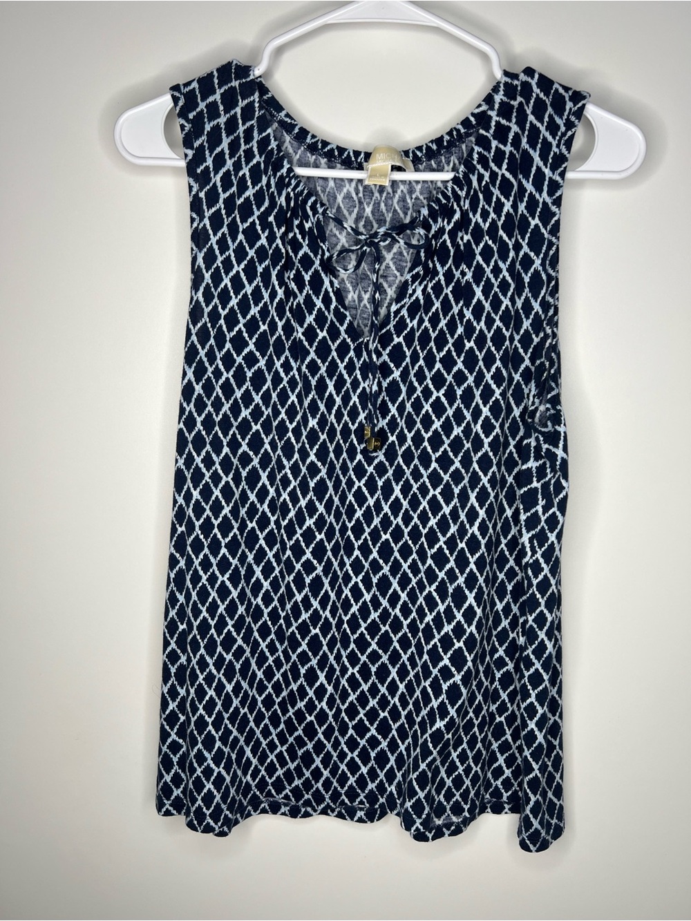 Michael Kors Navy and White Sleeveless Geo Print Tank with Tie